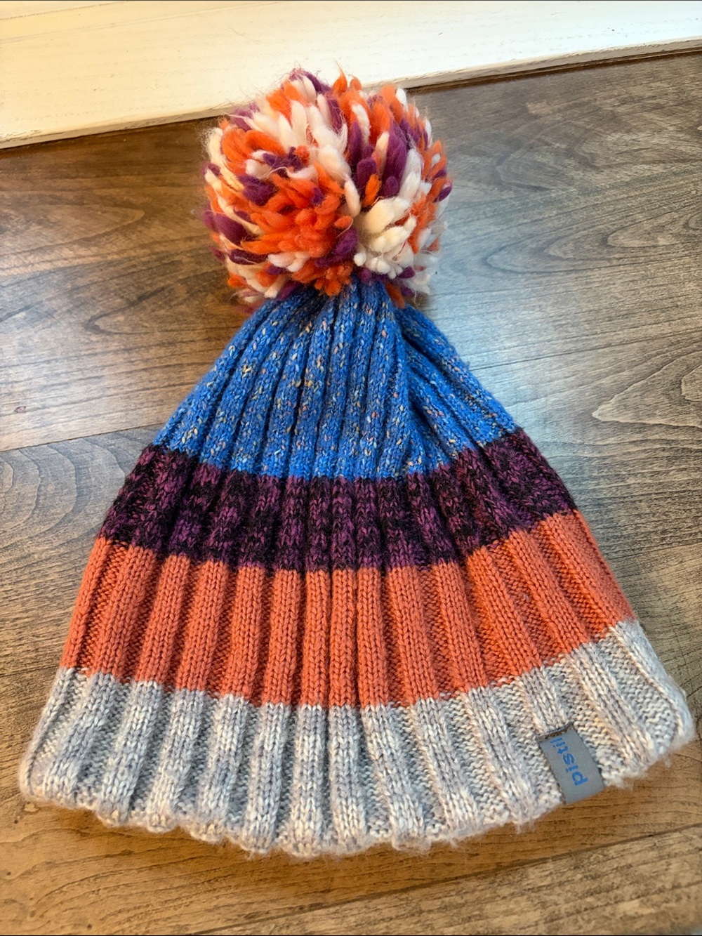 pistil Kids Striped Pom Beanie in Blue, Orange, Purple & Gray